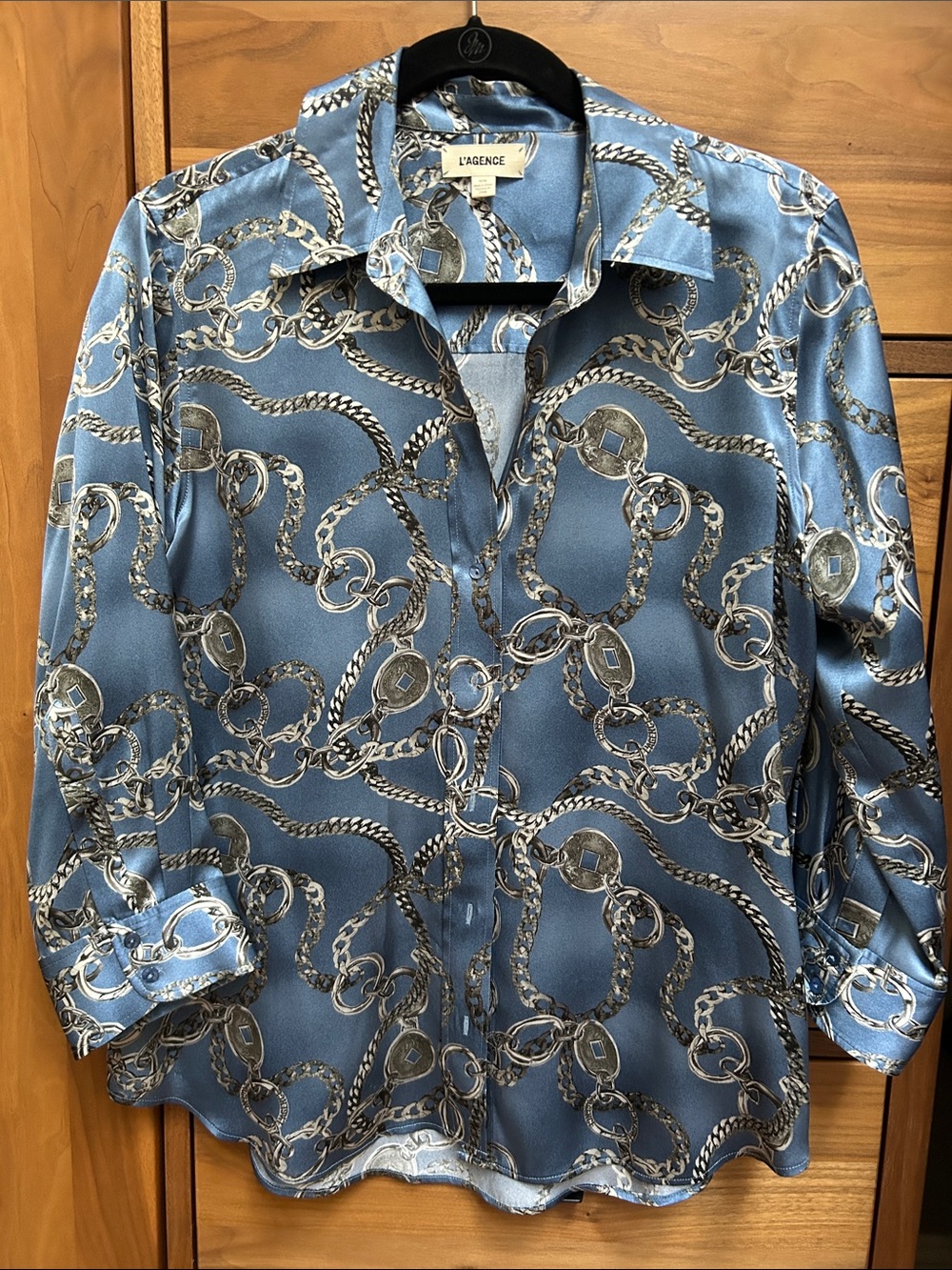 L'AGENCE Blue Chain-Print Satin Blouse
